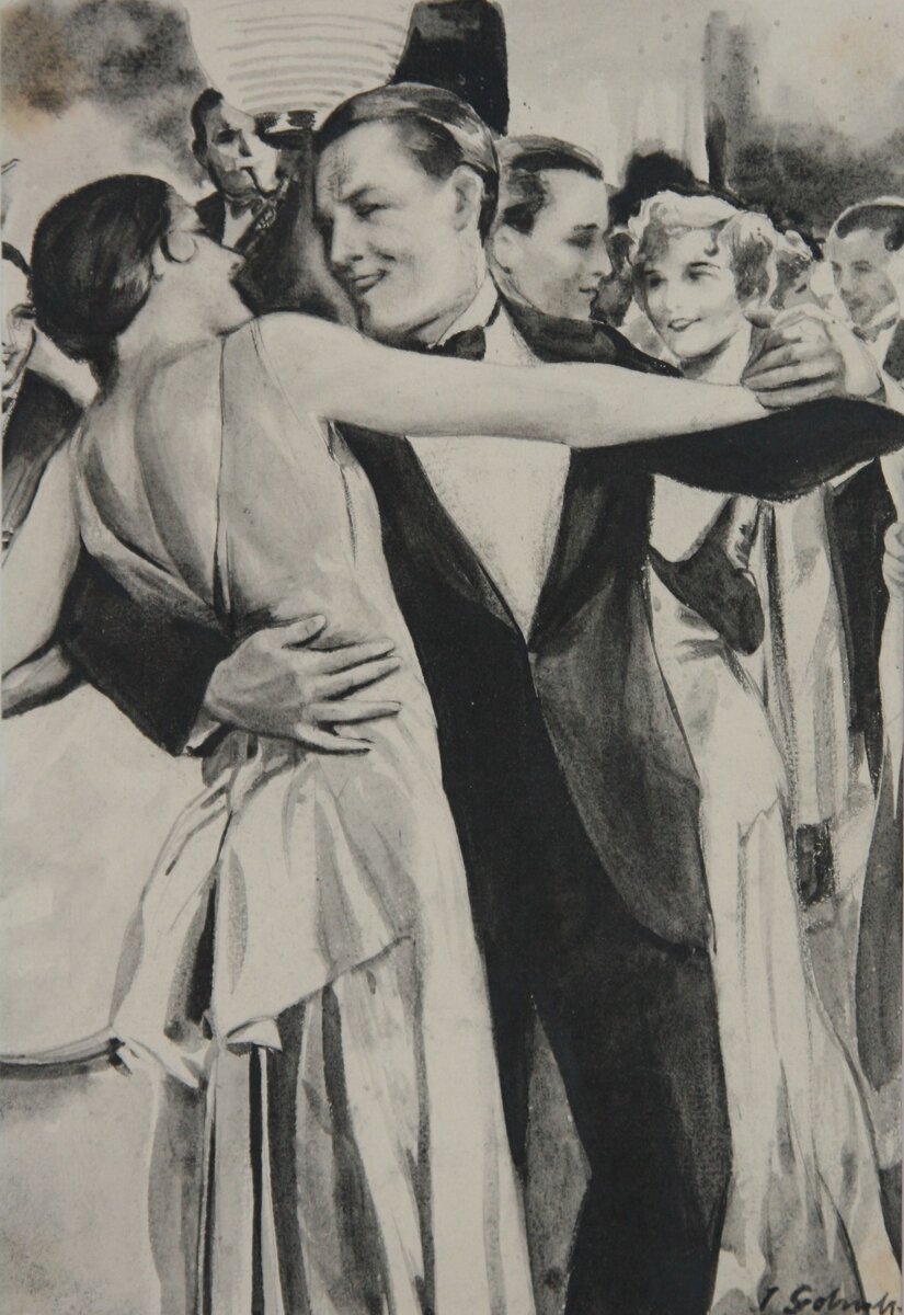 Иоганн Шульт (Schult Jonann 1889-1942) "Танцующая элегантная пара",1930-е гг. Бумага, акварель. 16х35 см. 