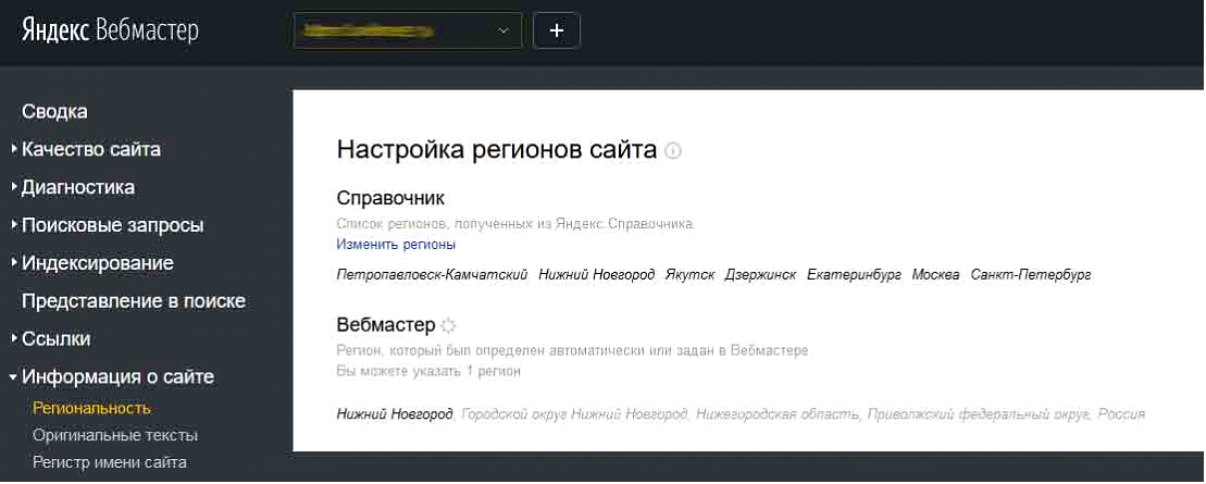 Пример присвоения регионов, которые необходимы для продвижения сайта в Яндексе. 