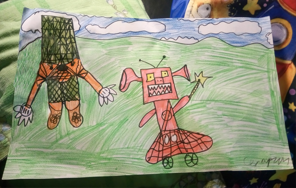 Рисунок сына по мотивам сказки "Красная шапочка". Главная героин, я так понимаю, в центре. Вот она с антенками на голове