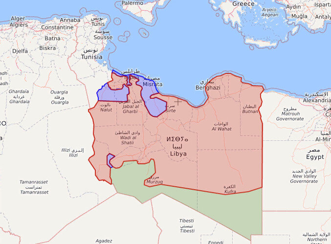 Карта расстановки сил: красный - силы ЛНА (Хафтар), синий - ПНС (оппозиция)