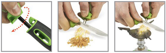 Принцип работы с огнивом: чтобы вылетели искры, нужно чиркнуть им по лезвию ножа