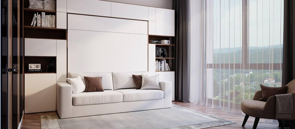 Днем мебель-трансформер Olissys — это система хранения с ящиками и антресолями и двухместный диван