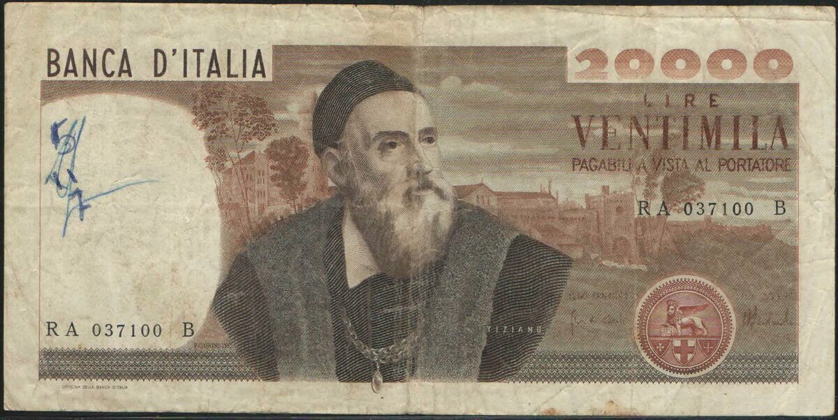 Италия 20000 лир 1975 года, аверс. Тициан панорама города, герб Венеции (со львом святого Марка). Чуть потрёпанный образец.