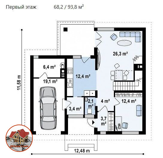 Современный дом с гаражом, 5 спальнями и интерсной планировкой, общей площадью 163 м² ??
