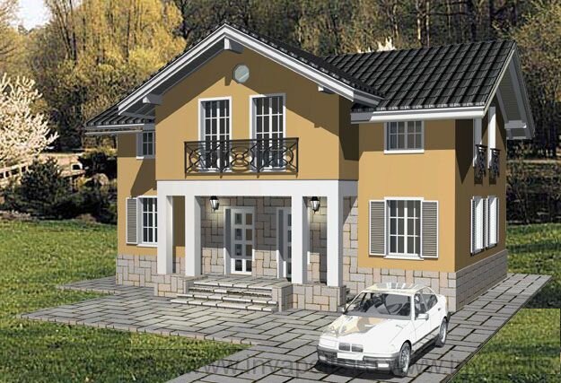 У этого дома симметричный фасад с портиком на парных колоннах и французскими балконами в мансарде.