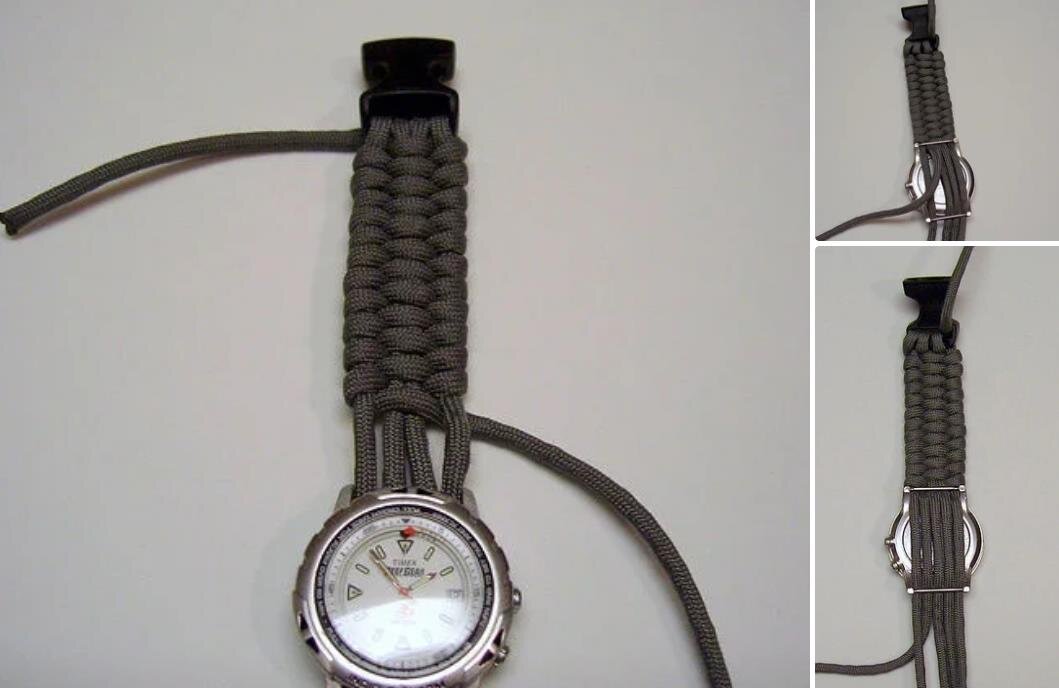 1. Паракорд вводится в одно ушко, проходит насквозь под корпусом часов и выводится в другое ушко. Просто в изготовлении, но не комфортно при эксплуатации.