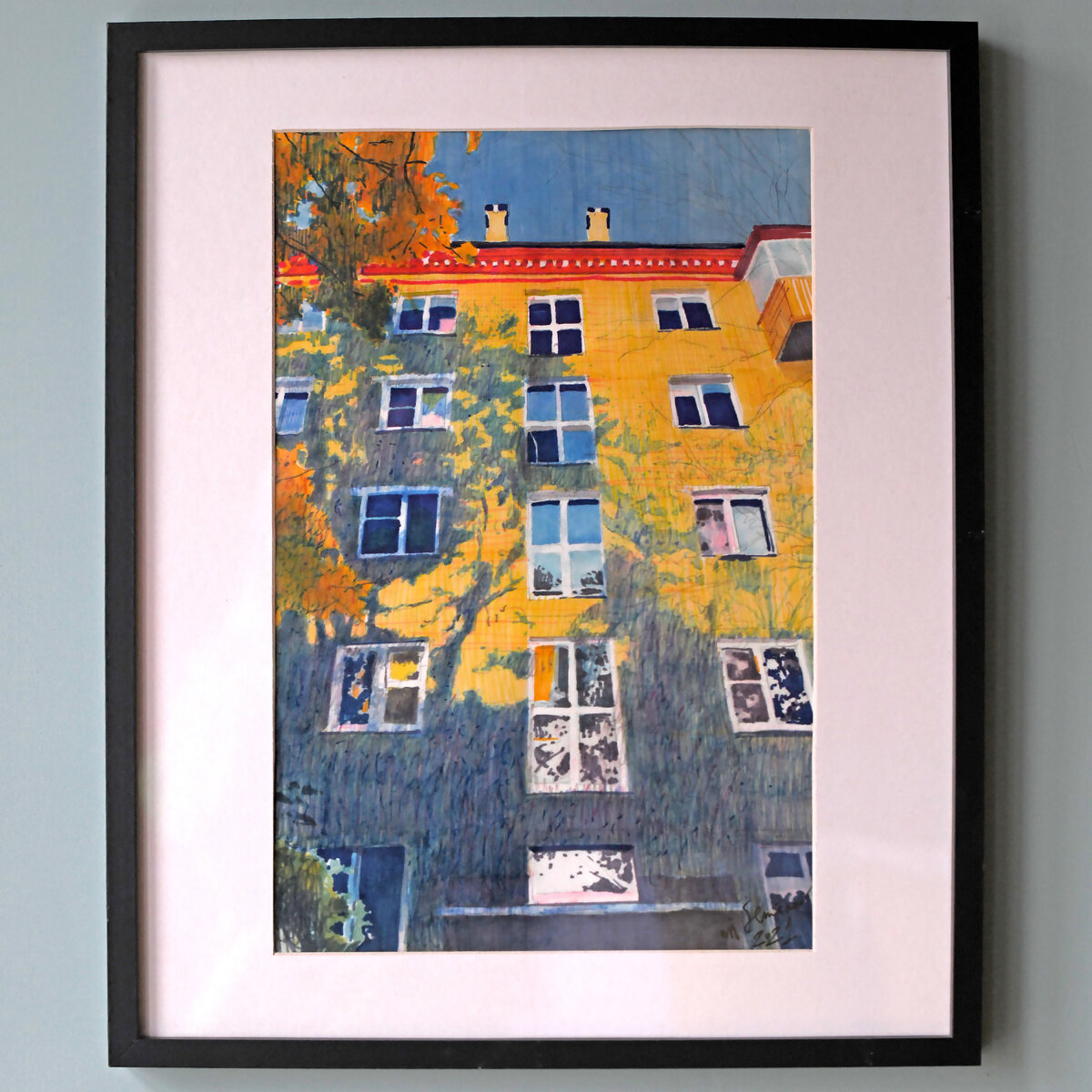 Почеркушка. Осень и золотая хрущёвка блестит в закате. Триптих «След города». Бумага, маркеры, А3, 2021. Размер рамы 50х70 см