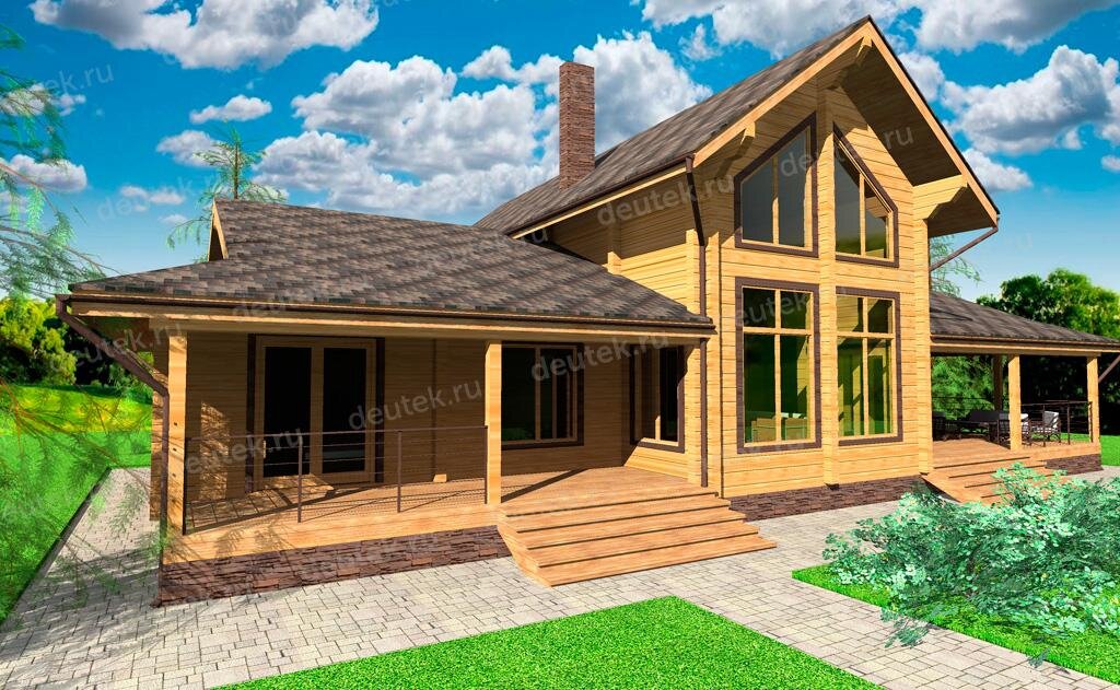 Проект одноэтажного дома 348 м2 из клееного бруса с мансардой, эркером и террасой - DTW0045