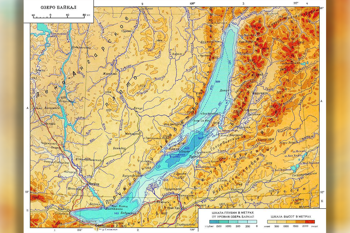 Озеро Байкал на физической карте