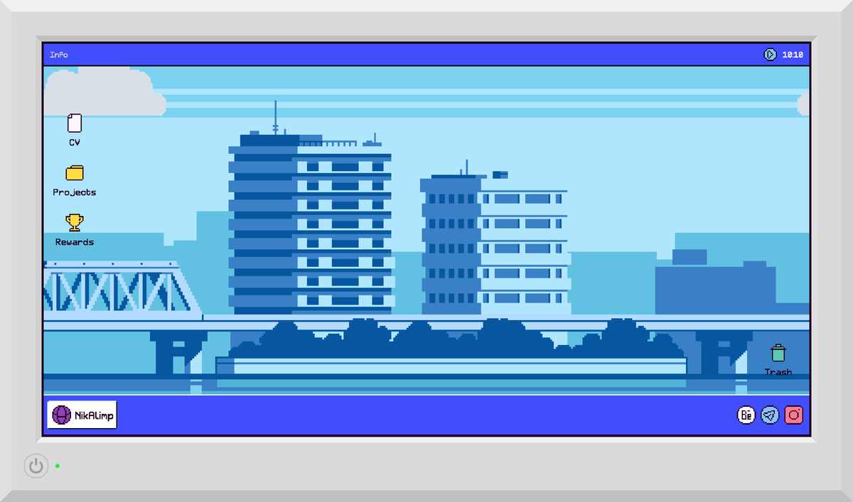Например, мой сайт выполнен в виде олдскульного монитора. Не оставил его без фишек: Lottie анимация на фоне, drag&drop для иконок, всплывающие окна, музыкальный плеер и виджет времени.