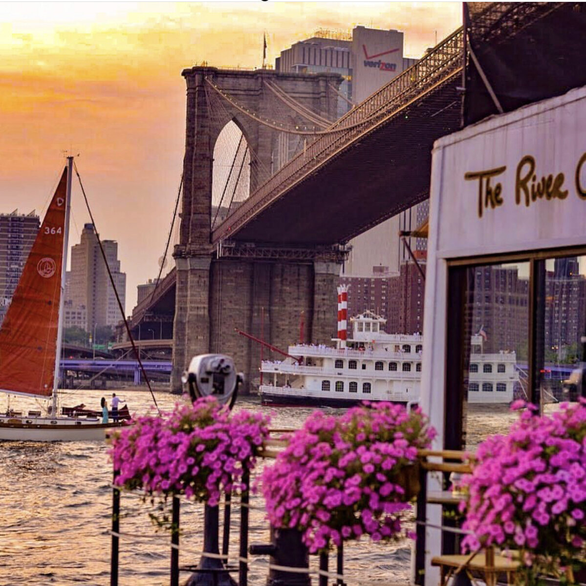 Brooklyn Bridge view from cafe "The River", New York