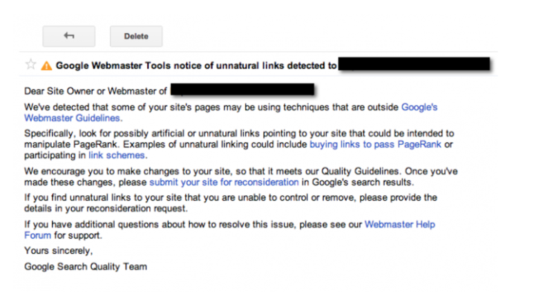 Если вы получаете сообщение об ошибке от Google, похожее на следующее изображение, значит, вы нарушили правила поисковой системы и был наложен фильтр.