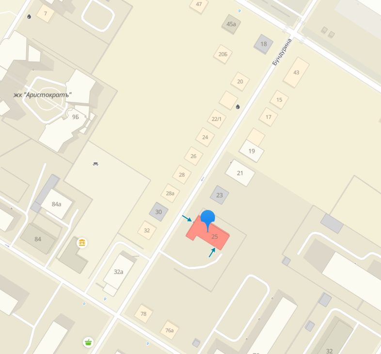 Улица Бундурина на карте Тулы между ул. Гоголевская и ул. Пушкинская