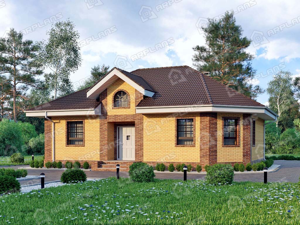 Фото 1 одноэтажного дома из газобетона с 2 спальнями, эркером, газовой котельной, 80 кв м. Источник arplans.ru Проект К-287