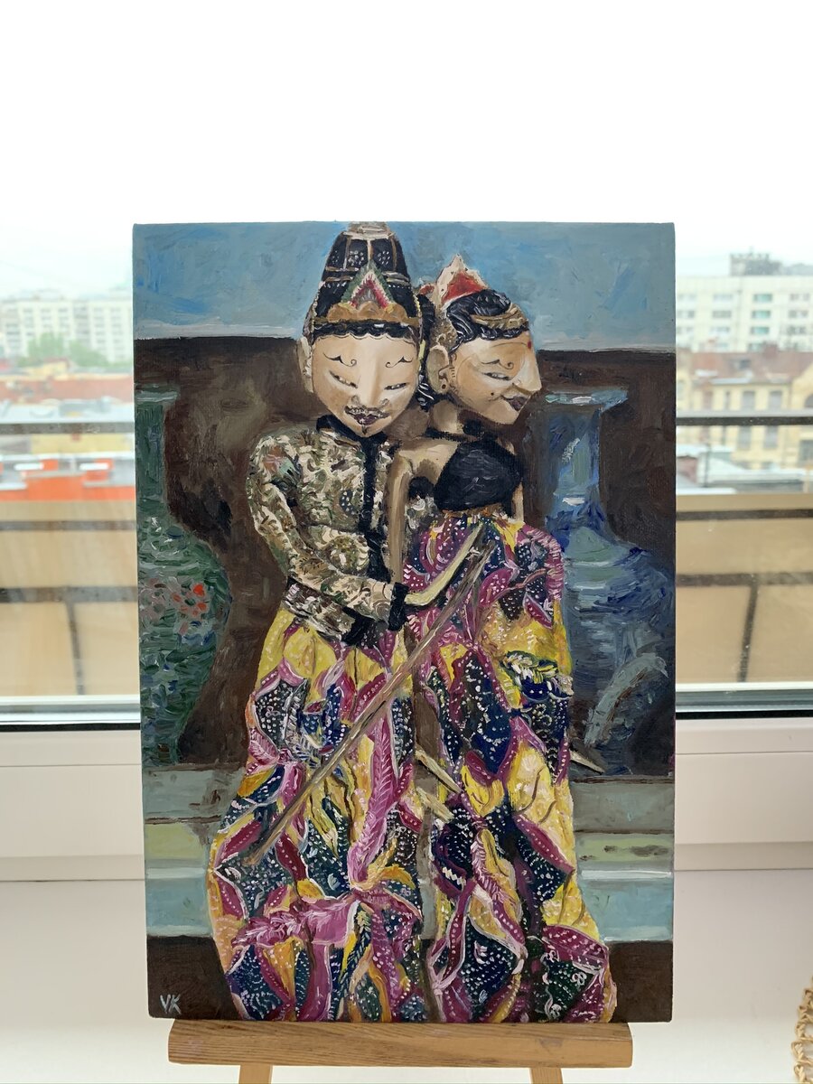 Картина "Ваянг: Он любит ее". Масло на холсте. Картина и фото автора.