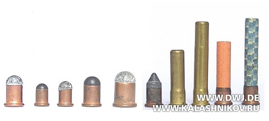 Слева. Французский прародитель патрона кольцевого воспламенения, легендарный патрон Flobert калибра 6 мм. Далее «салонные» пистолетные патроны Луи Николя Огюста Флобера калибров 2, 5, 6 и 9 мм и варианты вариантов снаряжения 6-мм патронов Флобера различных производителей, в том числе с дробовым зарядом