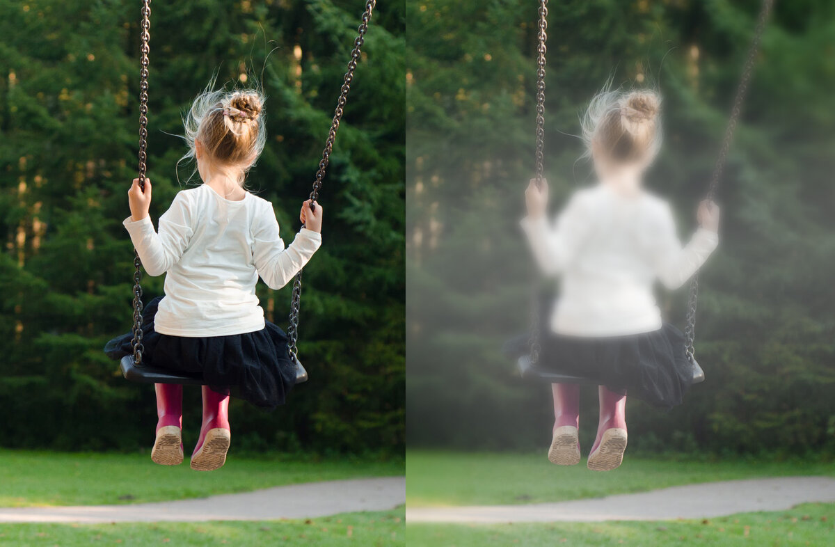 Справа вид размыт и затуманен, такой эффект часто появляется у человека с катарактой. 