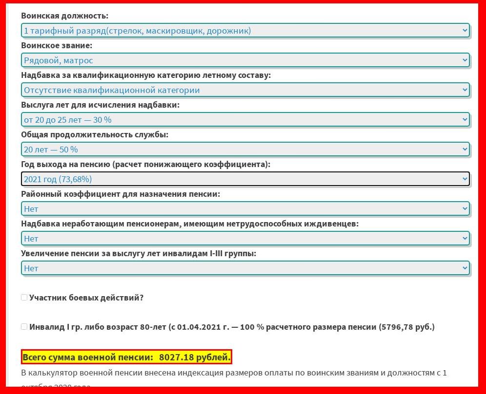 Калькулятор пенсии военнослужащего