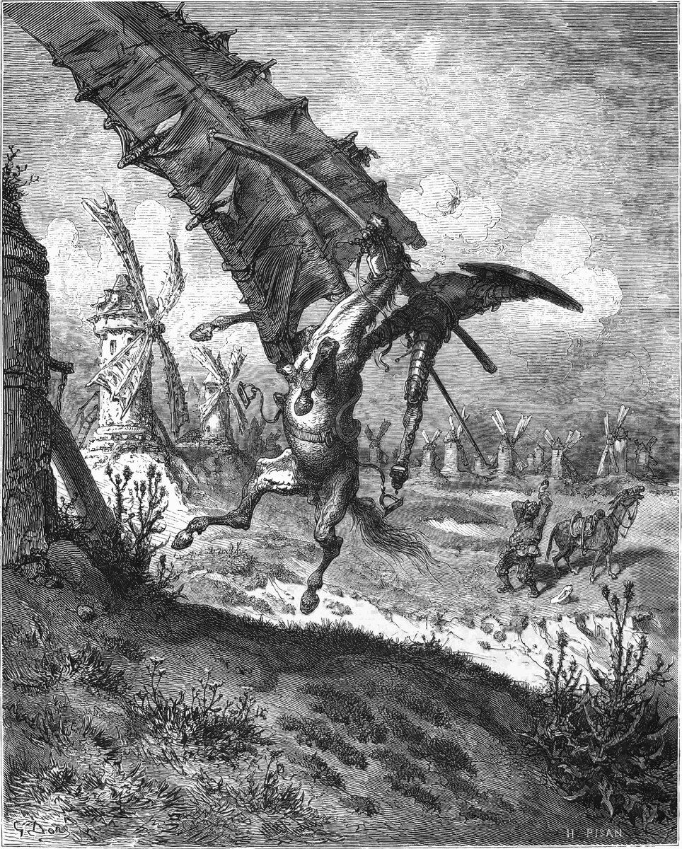 Illustration by Gustave Doré depicting the famous windmill scene