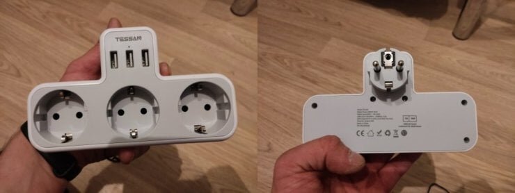    Такой тройник превратит одну розетку в три и добавит еще три USB-порта.