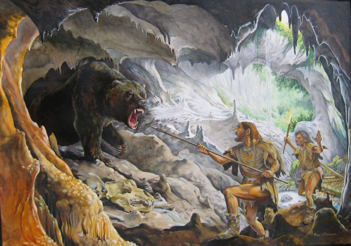Первобытно дикий. Пещерный медведь первобытные люди. Зденек Буриан пещерный медведь. Древний пещерный медведь. Загонная охота неандертальцы.