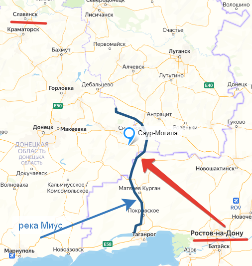 Остановка советского наступления на Миус-фронте. Создано на основе Яндекс-Карт