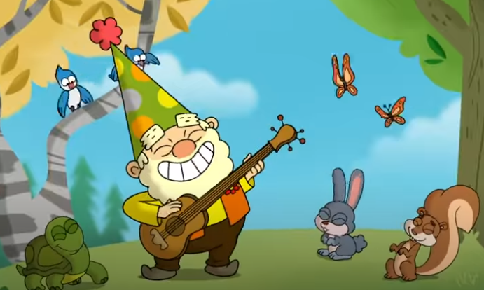 Лесная вечеринка, вокалист и соло гитарист Весельчак.  Его фаны рвут полянку, наслаждаясь его творчеством.