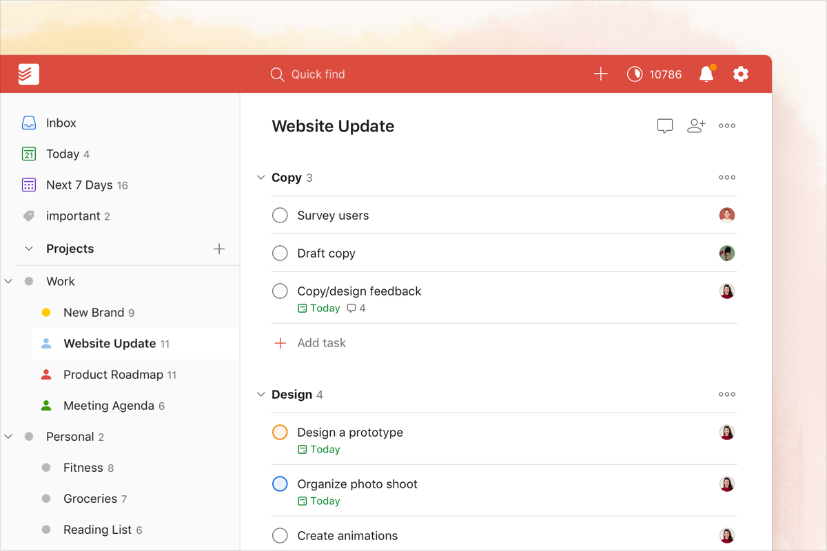 Интерфейс приложения ToDoist