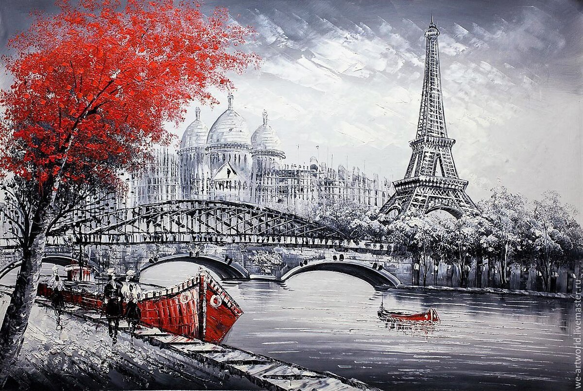 Пейзаж маслом "Париж. Вид на Эйфелеву башню через Сену. Красно-черная версия N5"
