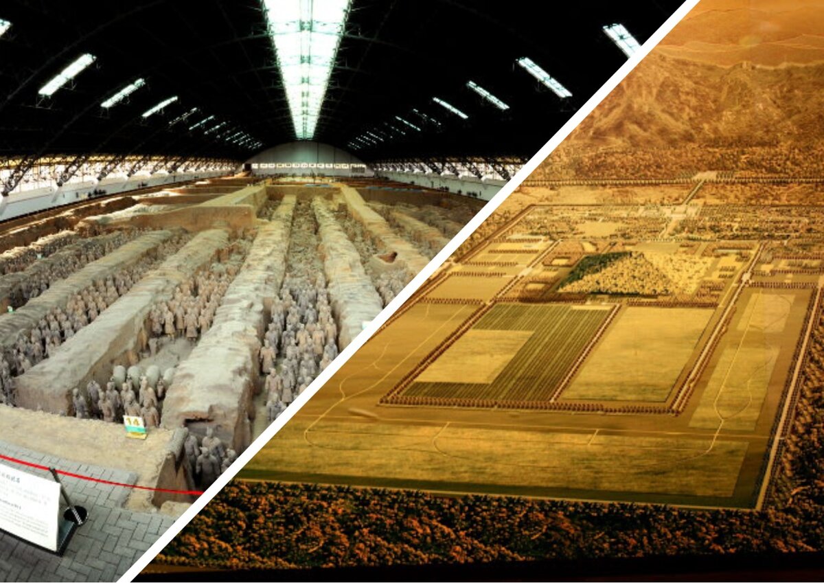 Терракотовая армия и вид мавзолея Цинь Шихуанди.