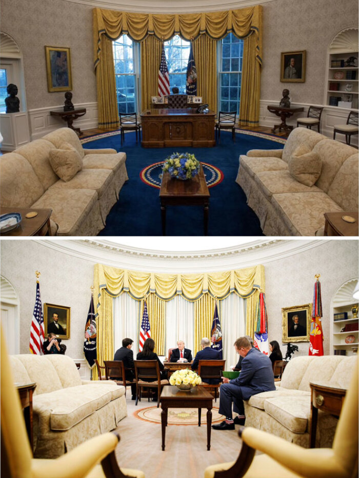Овальный кабинет при Байдене (вверху) и при Трампе (внизу)