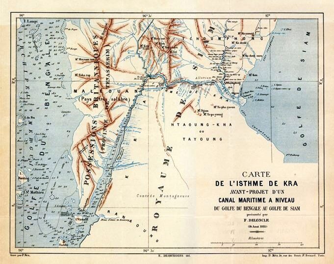 Французская карта 1881 года с маршрутом планируемого строительства канала Кра