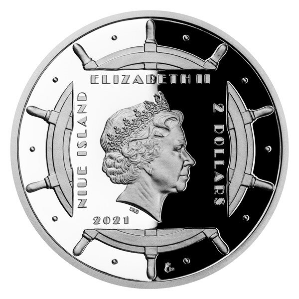 на реверсе монеты: на фоне штурвала изображен портрет королевы Елизаветы II работы Иена Рэнк-Бродли
внизу, под обрез портрета знак автора монетного проекта

надписи:
- «ELIZABETH II»
- указание страны эмитента «NIUE ISLAND»
- указание номинала «2 DOLLARS»
- год выпуска монеты «2021»

внизу знак монетного двора