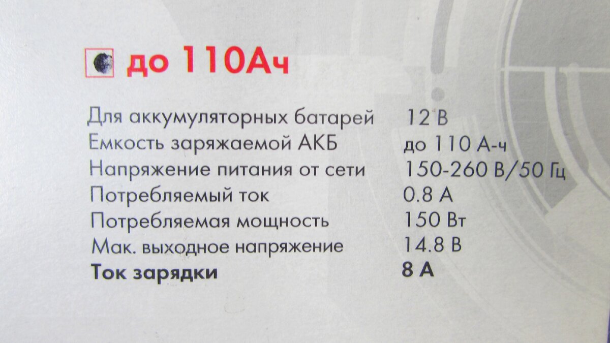 Заявленные характеристики зарядного устройства