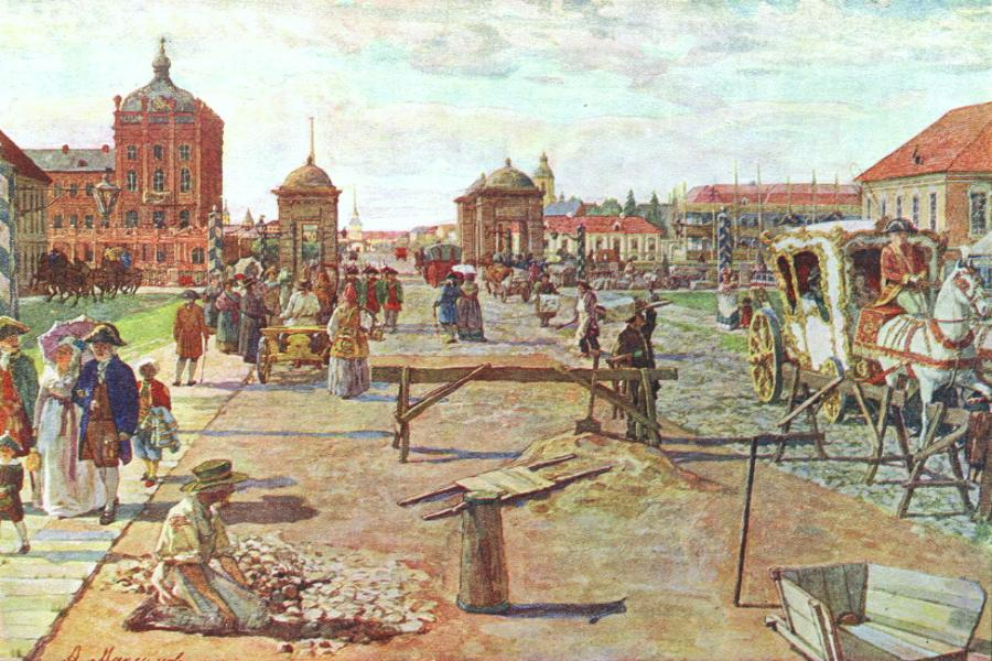 Невский проспект на картине художника Алексея Максимова. Фоторепродукция из открытых источников.