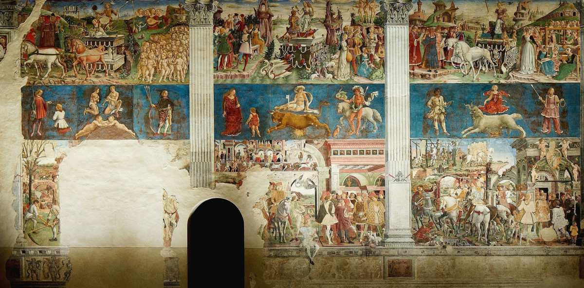 Франческо дель Косса.  Фрески Зала Месяцев в Палаццо Скифанойя. Справа налево: Март, Апрель, Май. 1469-70 г.