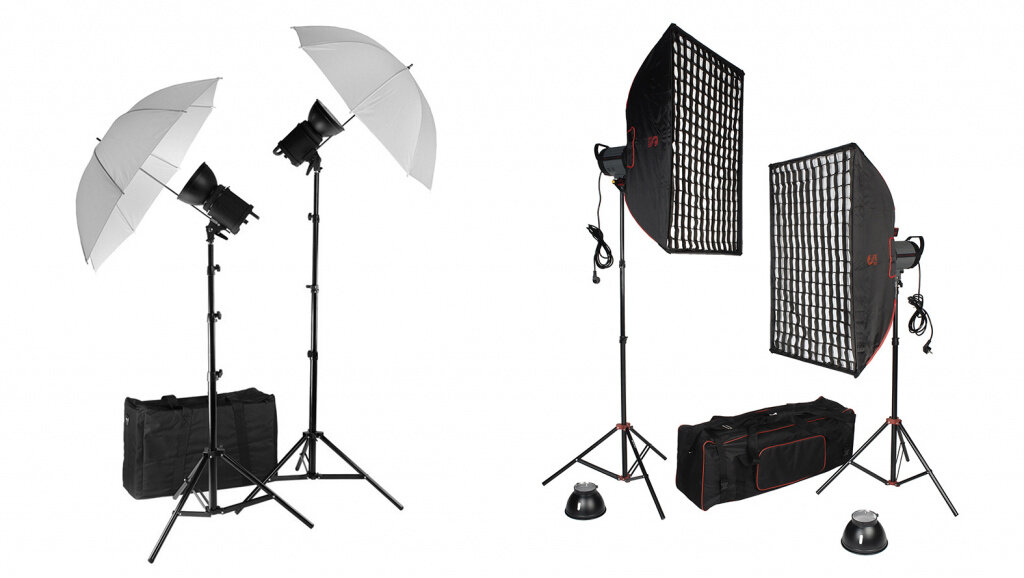 
 Стартовый комплект Falcon Eyes  QLBK-500 состоит из двух галогенных осветителей 500 Вт, просветных  зонтов, рефлекторов, стоек и сумки.
 	Базовый комплект Falcon Eyes QLBK-1000 состоит из двух галогенных  осветителей 1000 Вт, жаропрочных софтбоксов 60х90 см с сотами,  рефлекторов, стоек и сумки.