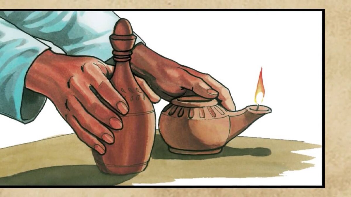 Светильник с дополнительным сосудом масла.