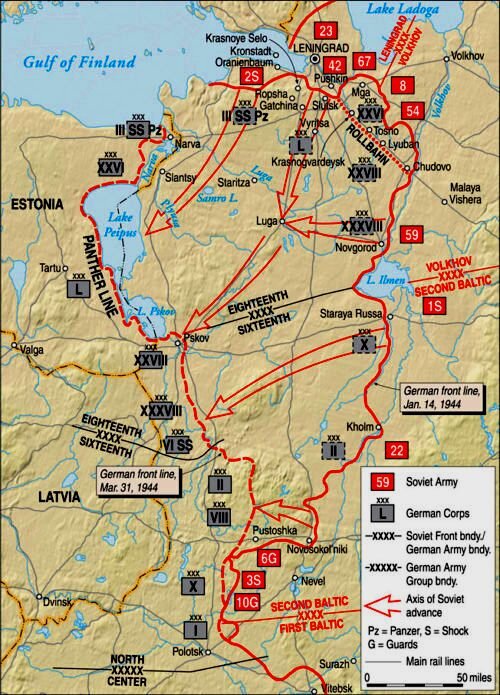 Сплошной красной линией обозначена линия Восточного фронта в полосе действия групп армий «Север» и «Центр» на 14 января 1944 года. Красной пунктирной линией показана оборонительная линия «Пантера». 