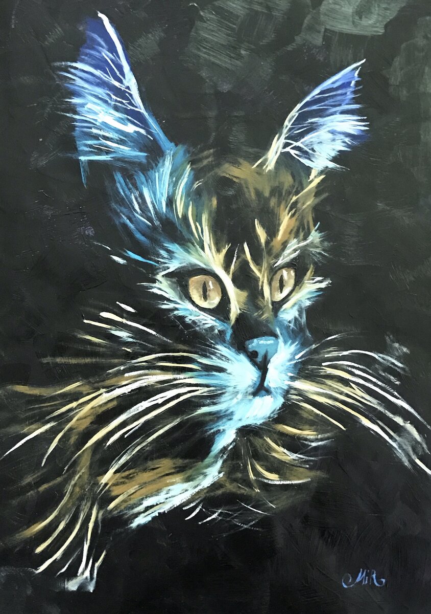 Неоновый котик .Автор:Мирошниченко Татьяна ,акрил,масло,бумага