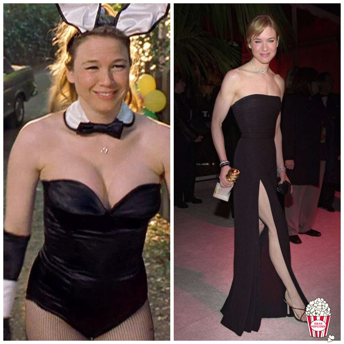 Слева: кадр из фильма «Дневник Бриджит Джонс» (2001). Слева: Рене Зеллвегер на премии «Золотой глобус» в январе 2001.
 Источник: Яндекс Картинки