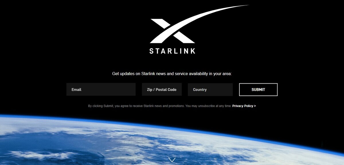 Скриншот с сайта Starlink.com. Видно, что нужно оставить свой e-mail, а также страну и почтовый индекс для заявки.