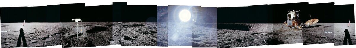 Одна из панорам, сделанных Конрадом в начале первого выхода. Источник: https://www.hq.nasa.gov/alsj/a12/a12pan1162447.jpg