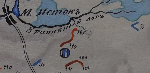 Фрагмент карты 1890-х гг. Как видите, по берегам Крапивного лога добывали золото и торф