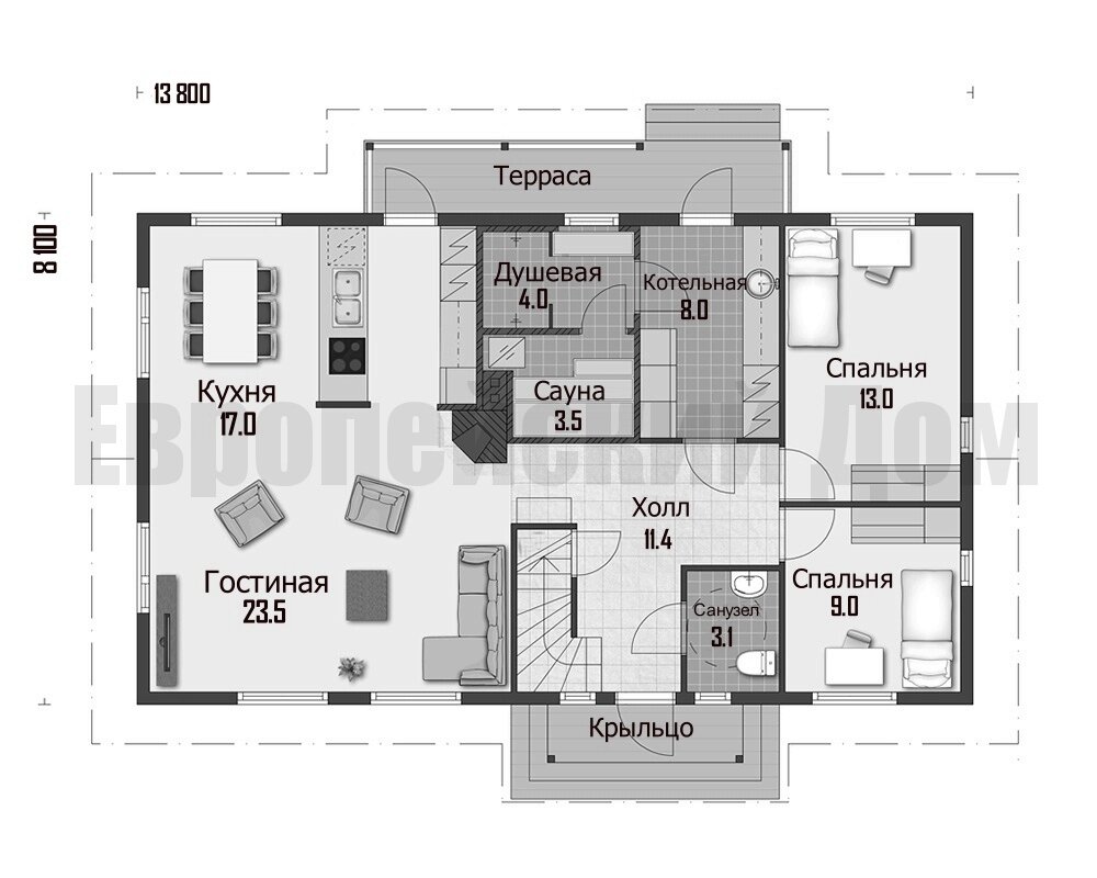 Планировка первого этажа. Источник фото: https://dom-bt.com/