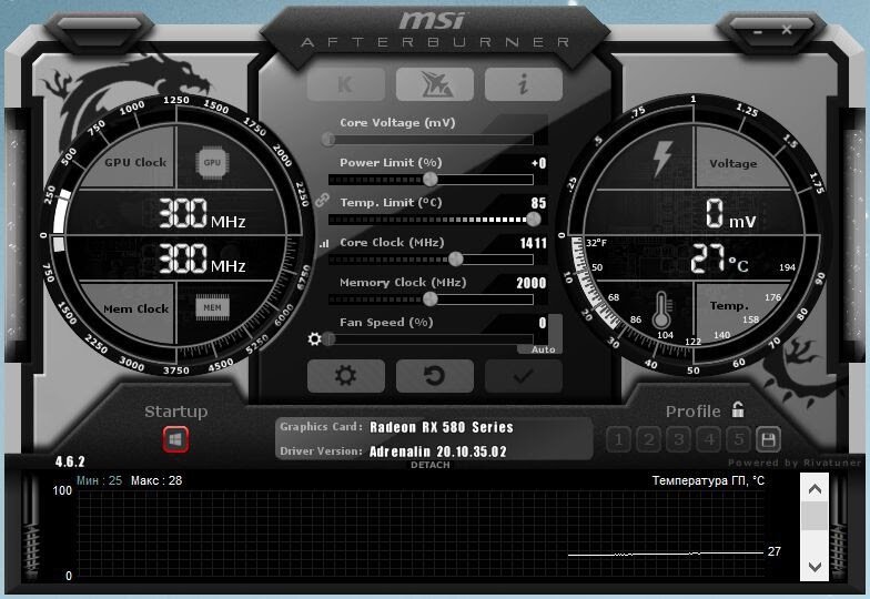  Интерфейс утилиты MSI Afterburner понятен даже без гайда. Скриншот автора
