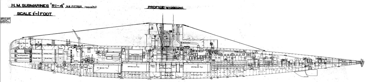 Лодка в разрезе. Источник https://upload.wikimedia.org/wikipedia/commons/9/96/British_WWI_Submarine_Plan_R1-4.jpg