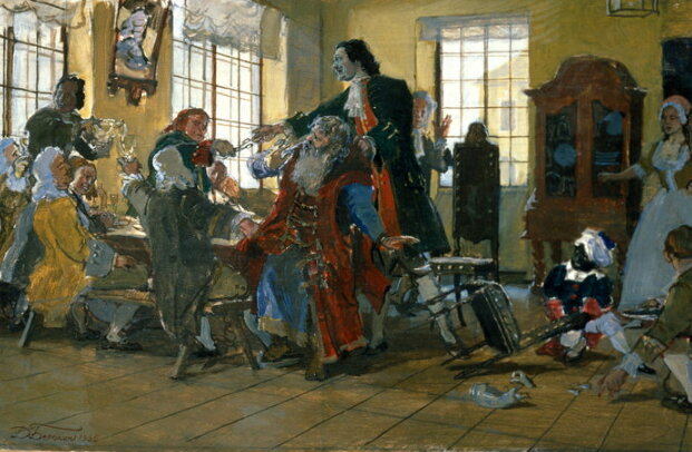 Картина «Петр I стрижет бороды боярам». Художник Дмитрий Белюкин, 1985 год