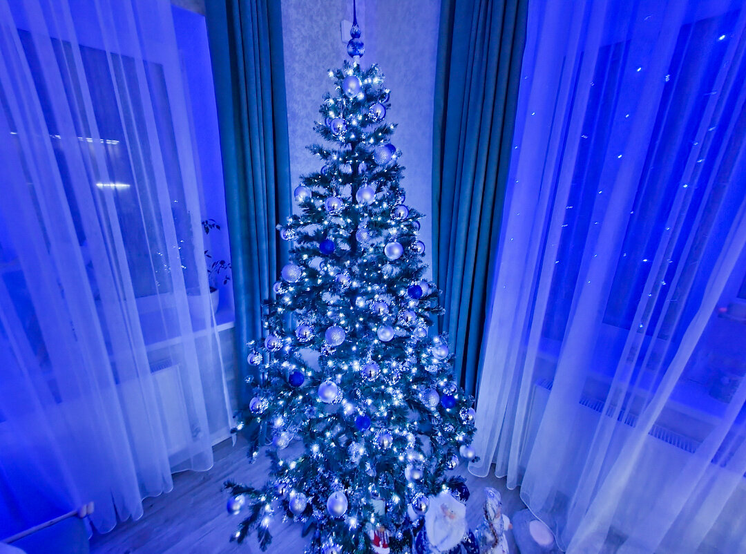 С синими гирляндами на окнах выглядит очень красиво