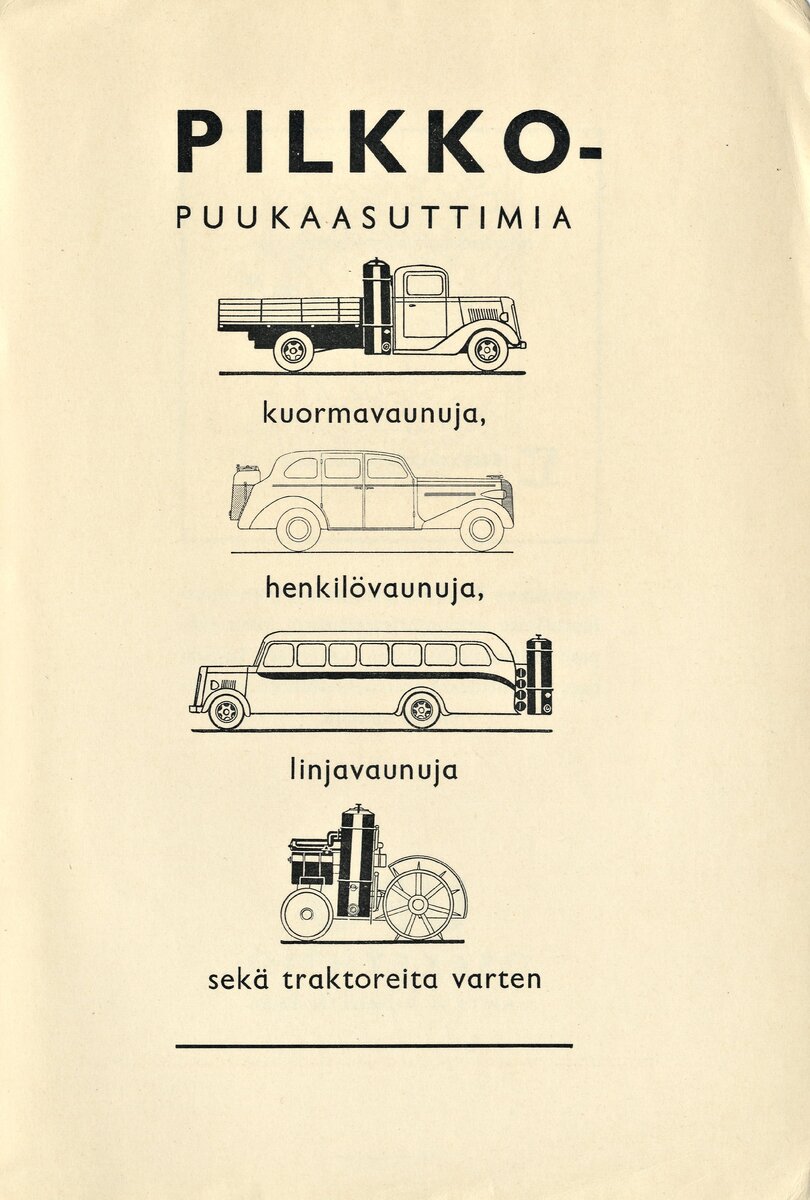 Как выглядел, установленный на разных видах транспорта газификатор Pilkko: грузовые автомобили, легковые автомобили, автобусы и тракторы. Фото: Voimaa puusta. Pilkko puukaasutimella. Lahti, 1944. s.6.  